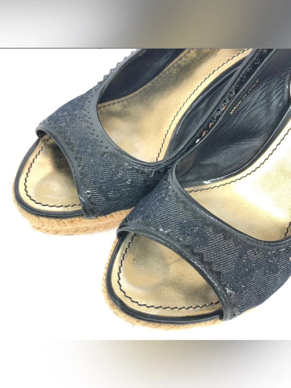 Louis Vuitton Denim/Patent Leather Espadrille Wedge Sandals | Size 6.5 US (36.5)